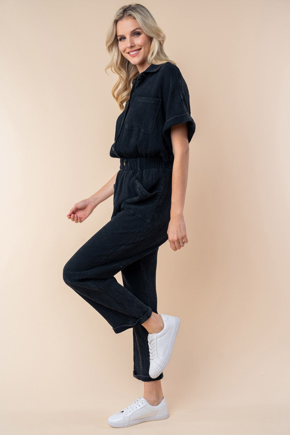 White Birch Textured Short Sleeve Jumpsuit