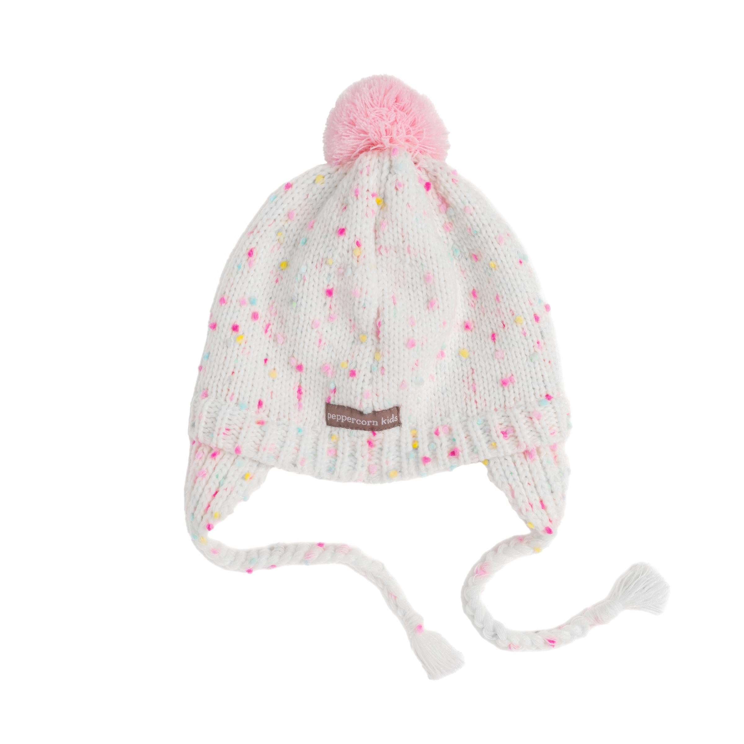 White Speckled Knit Girls Pompom Beanie Hat for Babies, Toddlers and Little Children