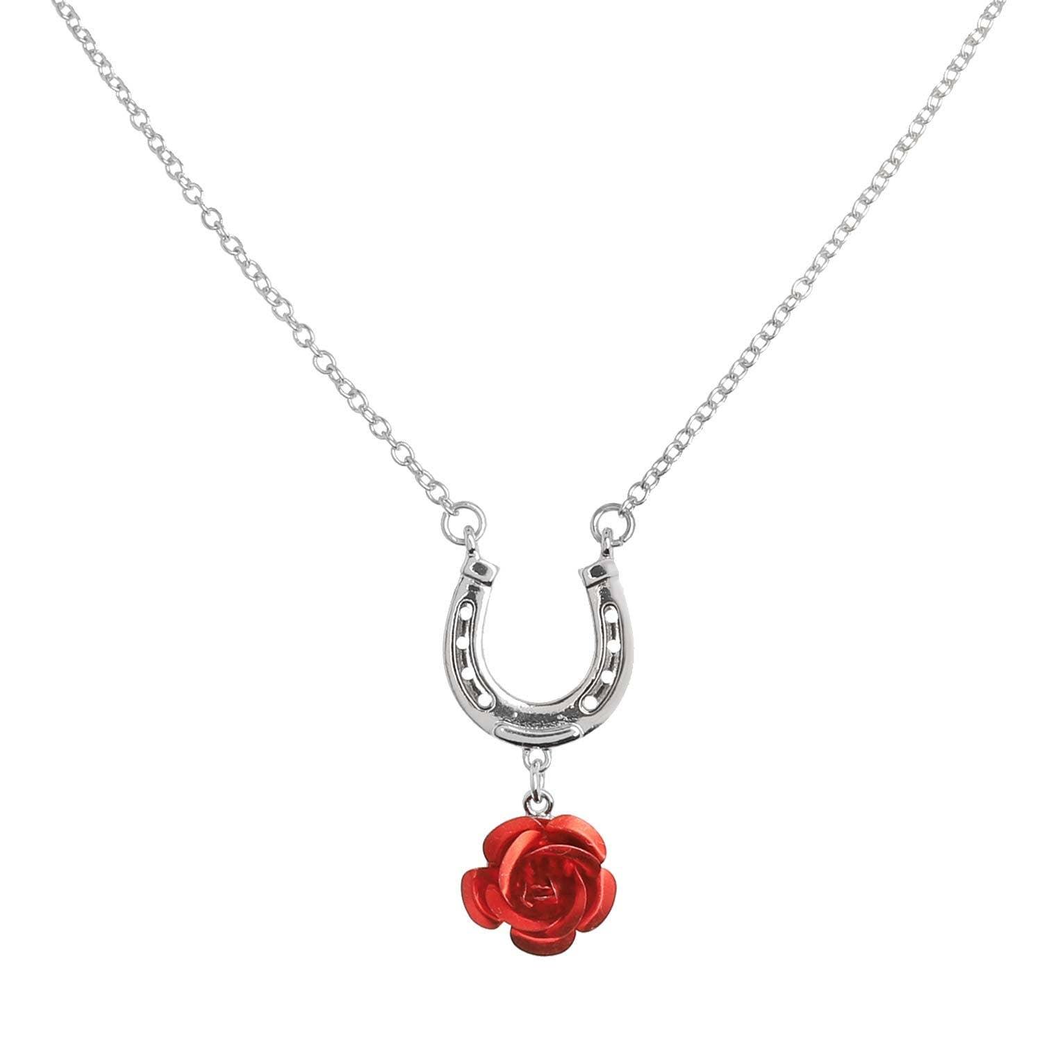 Western Red Rose Horseshoe Pendant Necklace