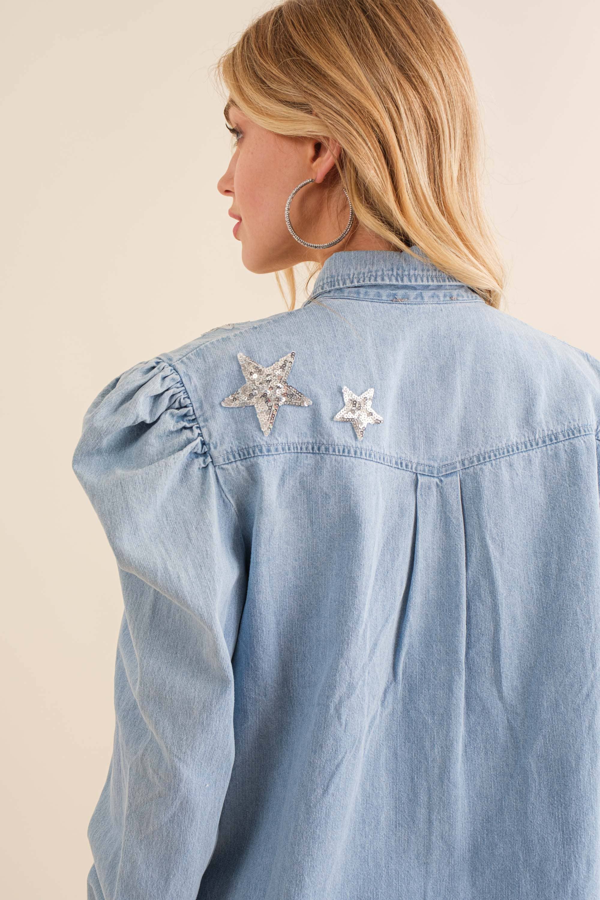 Sequin HOWDY Chambray Button Up with Puff Sleeves Shirt