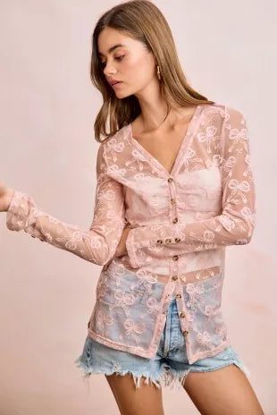 BiBi Bow Pattern Shrried V-neck Mesh Cardigan Top - DUSTY ROSE - Bexa Boutique