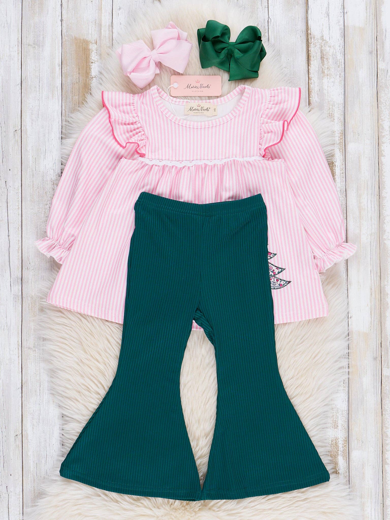 Pink Striped Embroidered Floral Trees Bell Bottoms Outfit