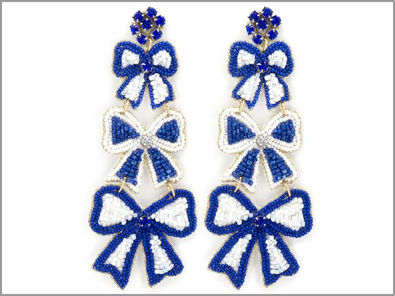 Blue & White Beaded Triple Star Earrings