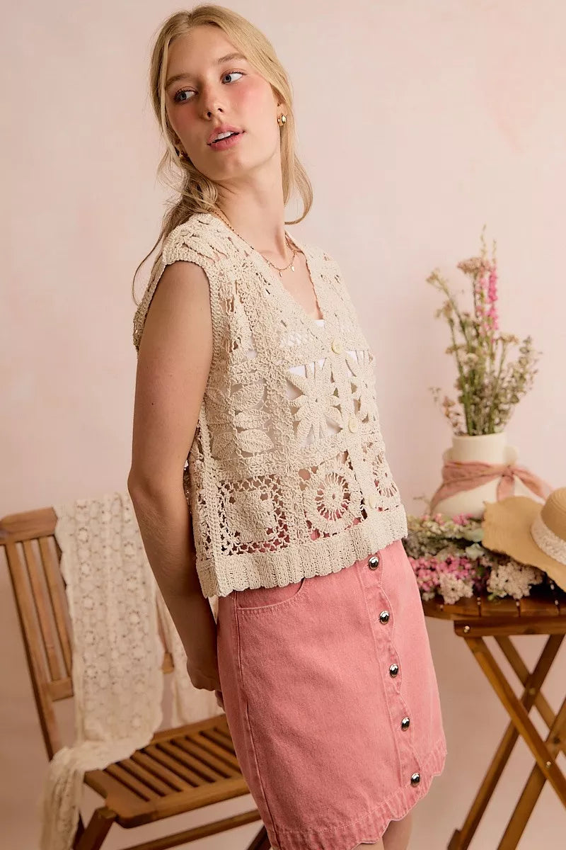SO ME Summer Crochet Patterned Sleeveless Vest Top - NATURAL - Bexa Boutique