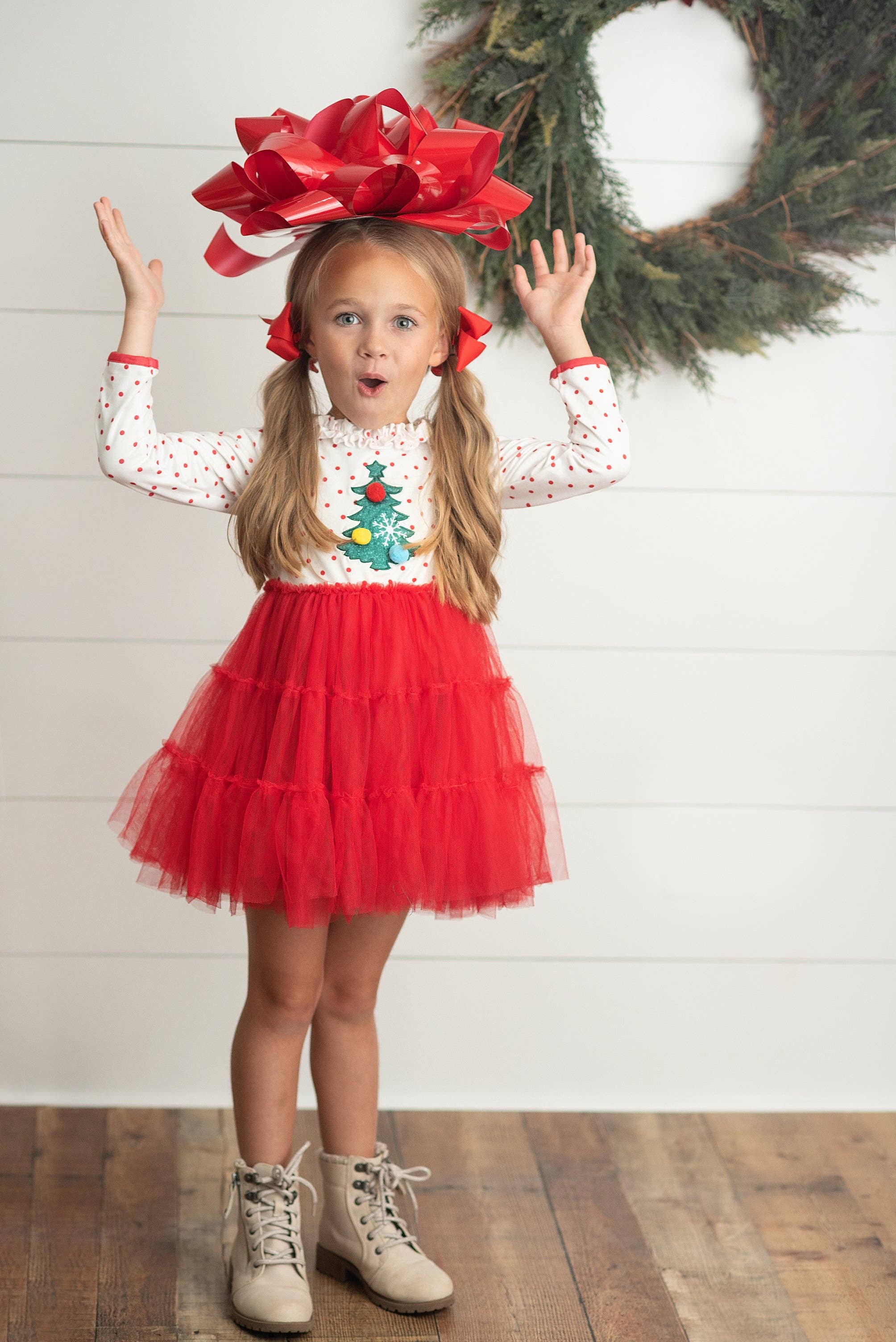 Red & White Dot Pom Pom Christmas Tree Tulle Dress