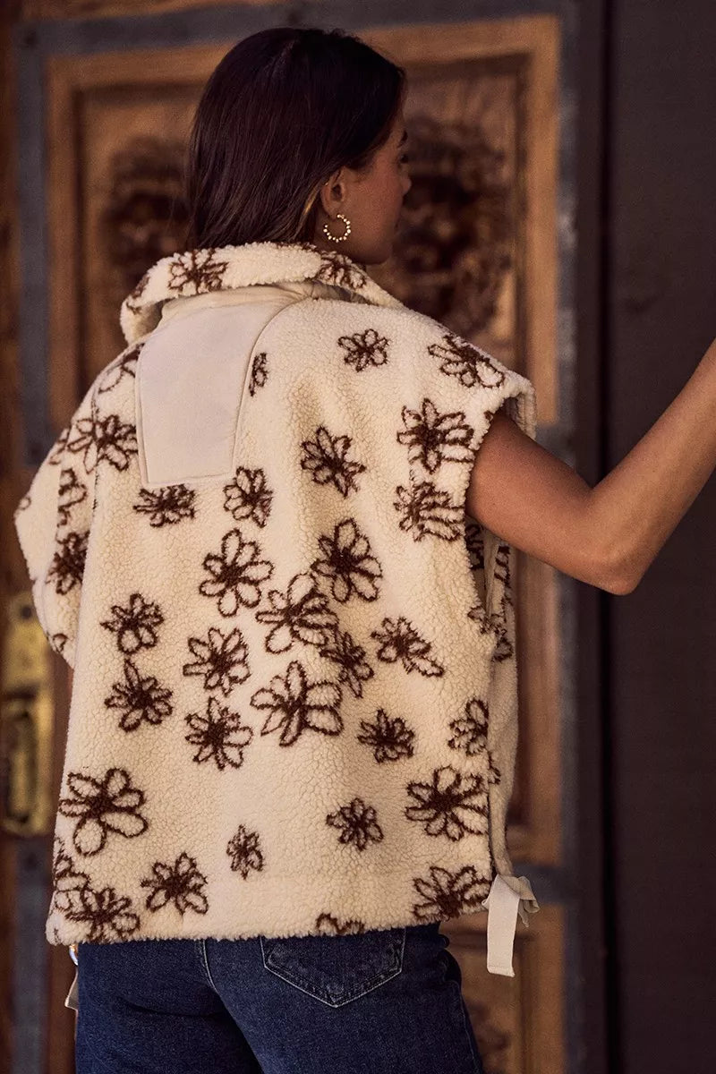 SO ME Flower Sherpa Fur Oversized Sleeveless Vest Jacket - BROWN - Bexa Boutique