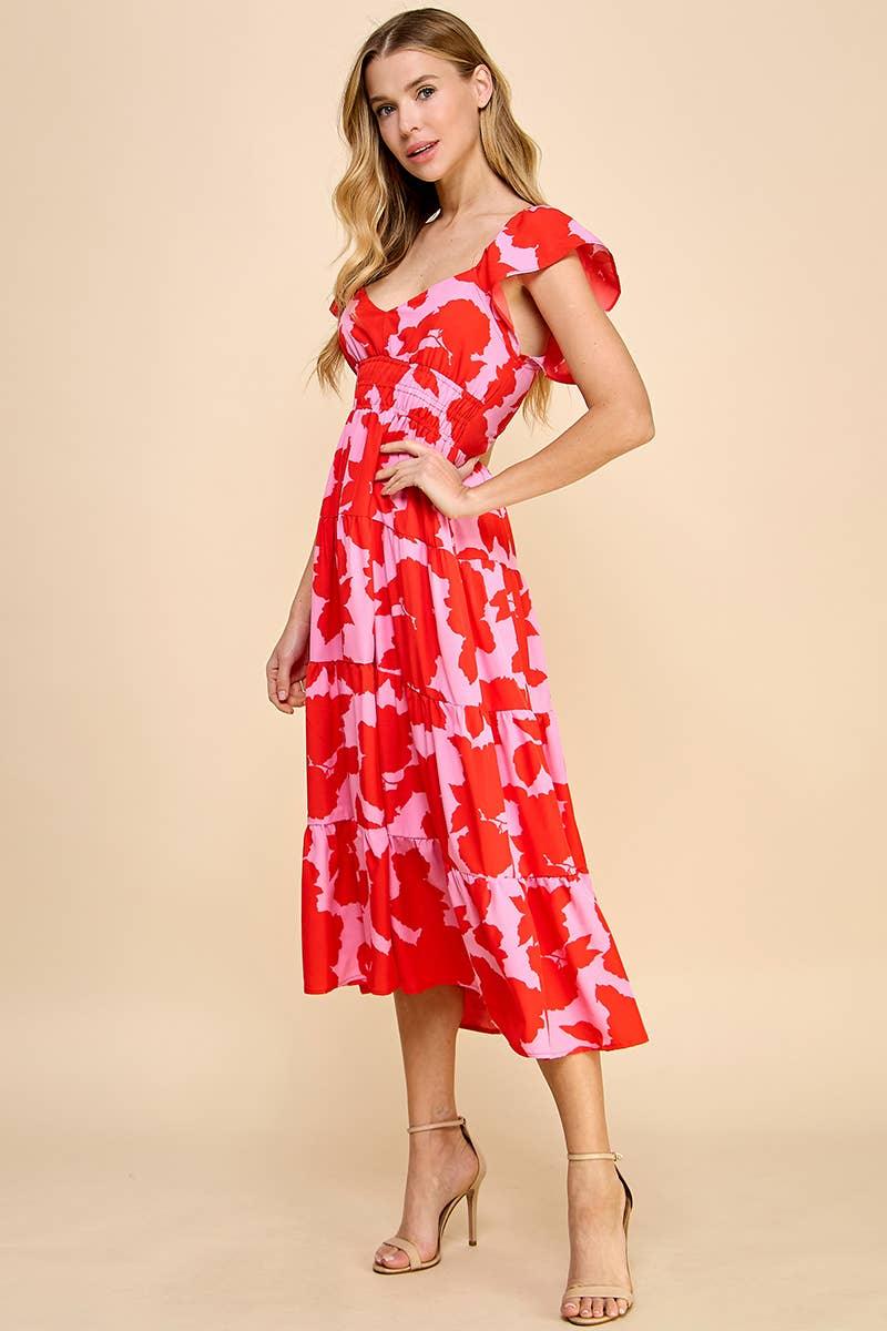 Red & Pink Floral Midi Dress