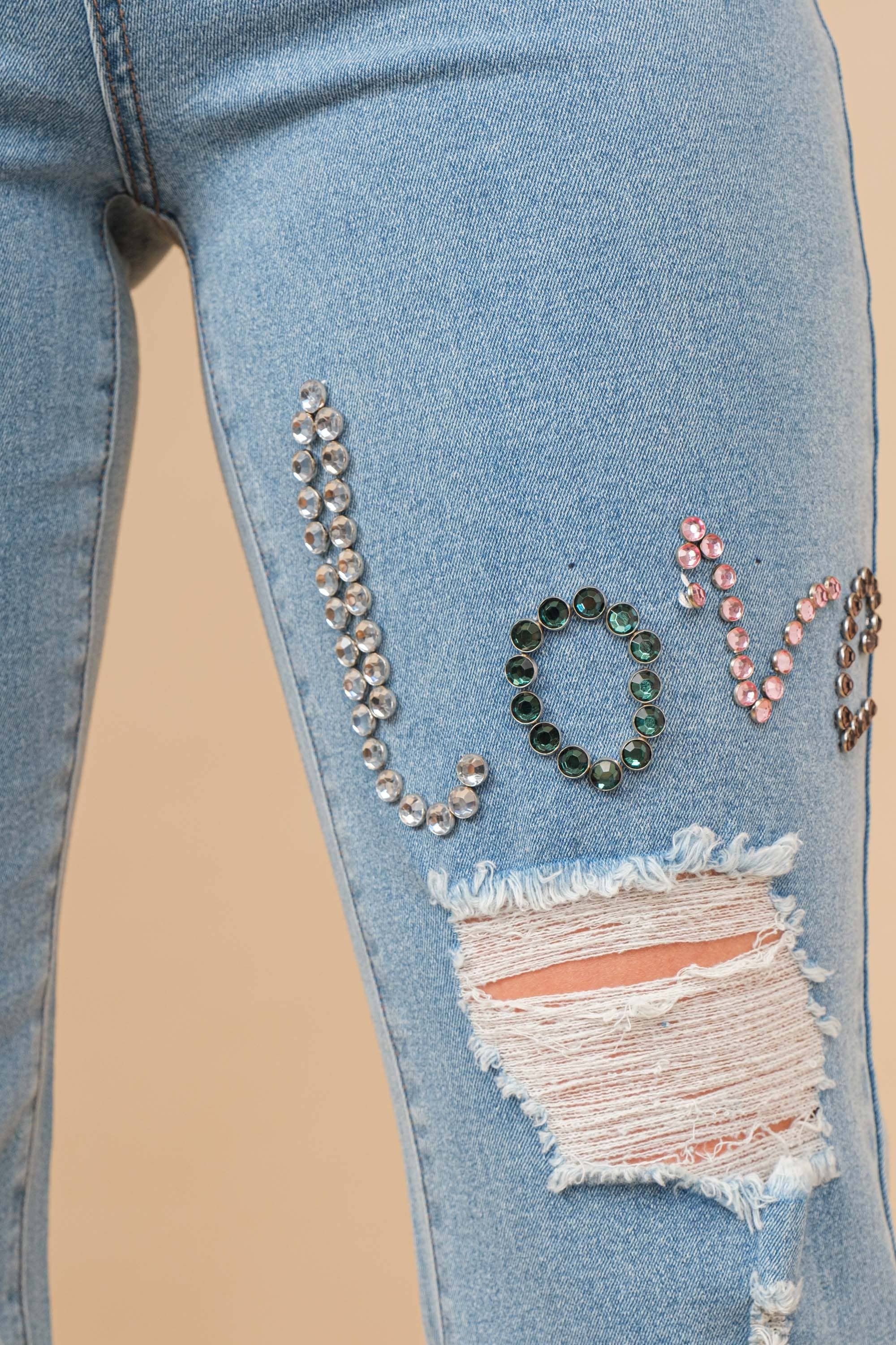 High Waisted LOVE Colored Rhinestone Embellishment Jeans