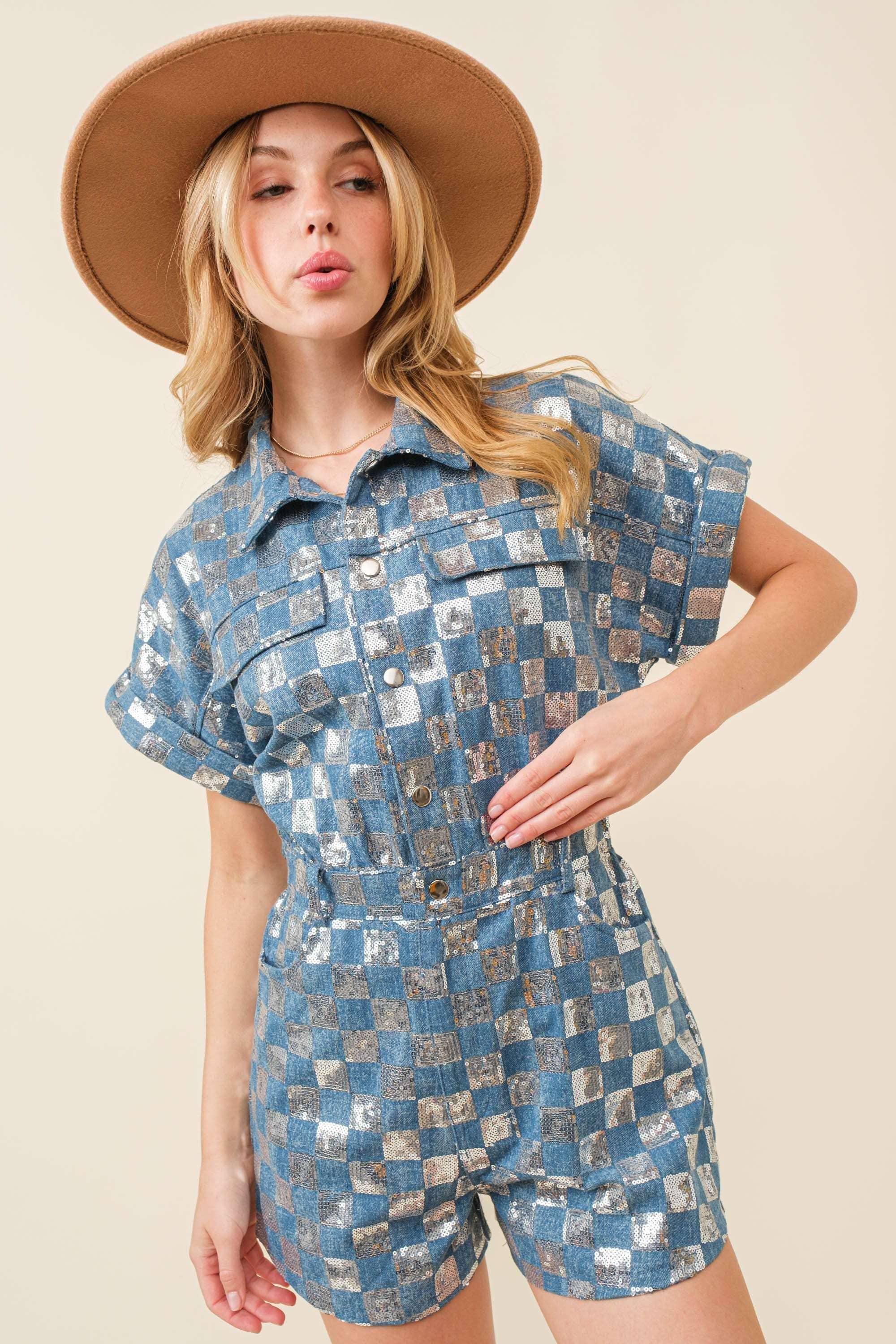 Sequin Checker Denim Romper