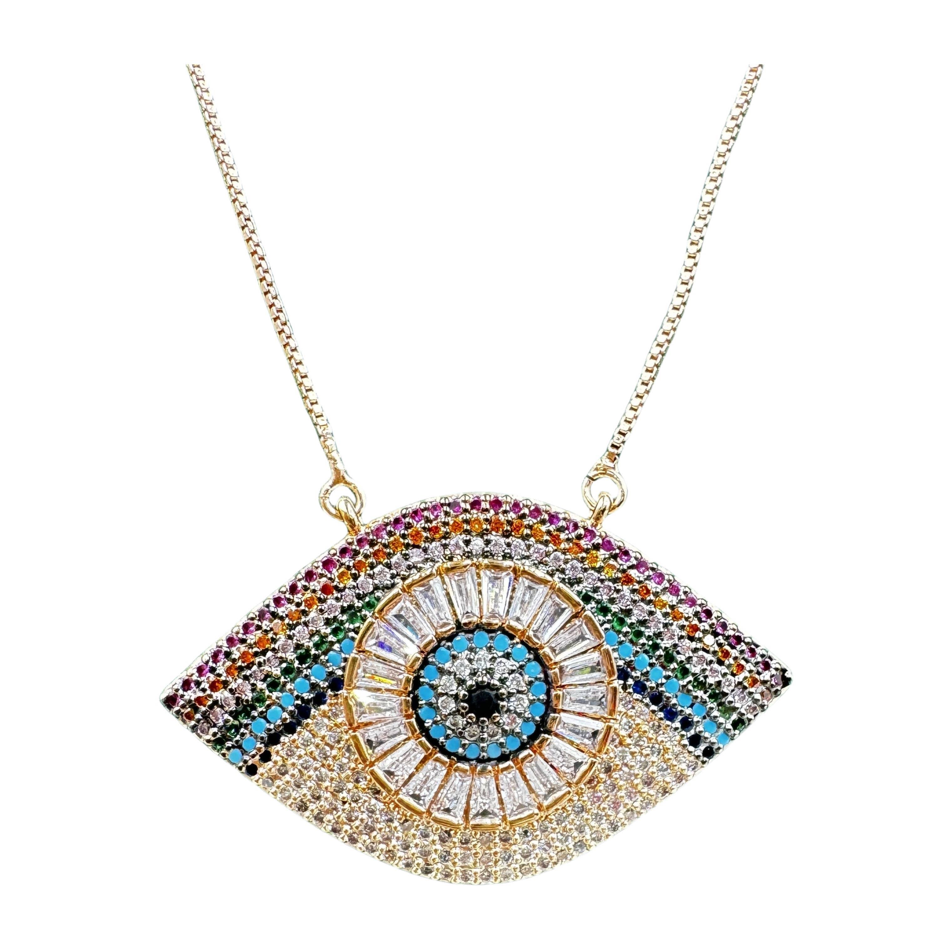 Evil Eye Cubic Zirconia Necklace Teal & Gold