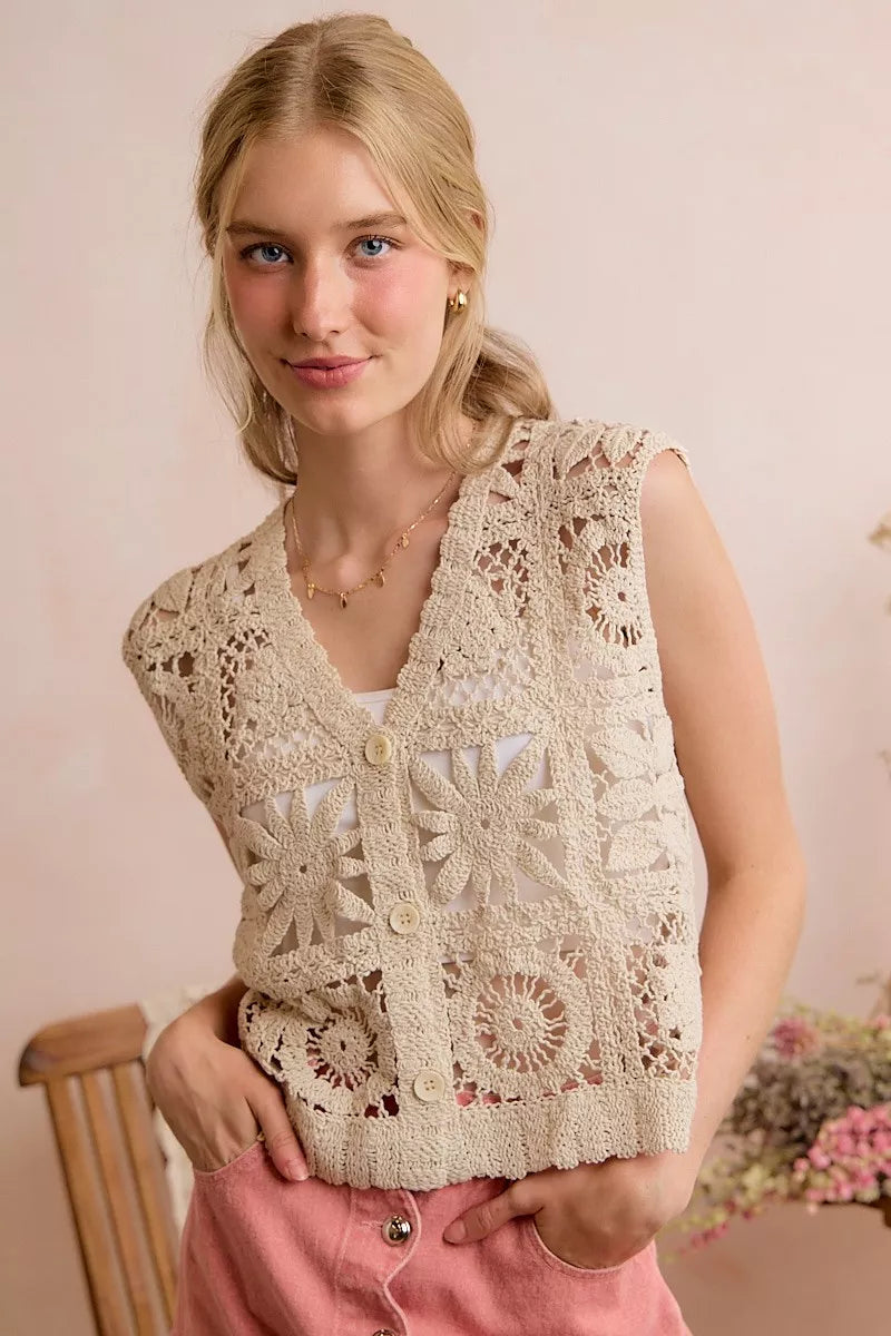 SO ME Summer Crochet Patterned Sleeveless Vest Top - NATURAL - Bexa Boutique