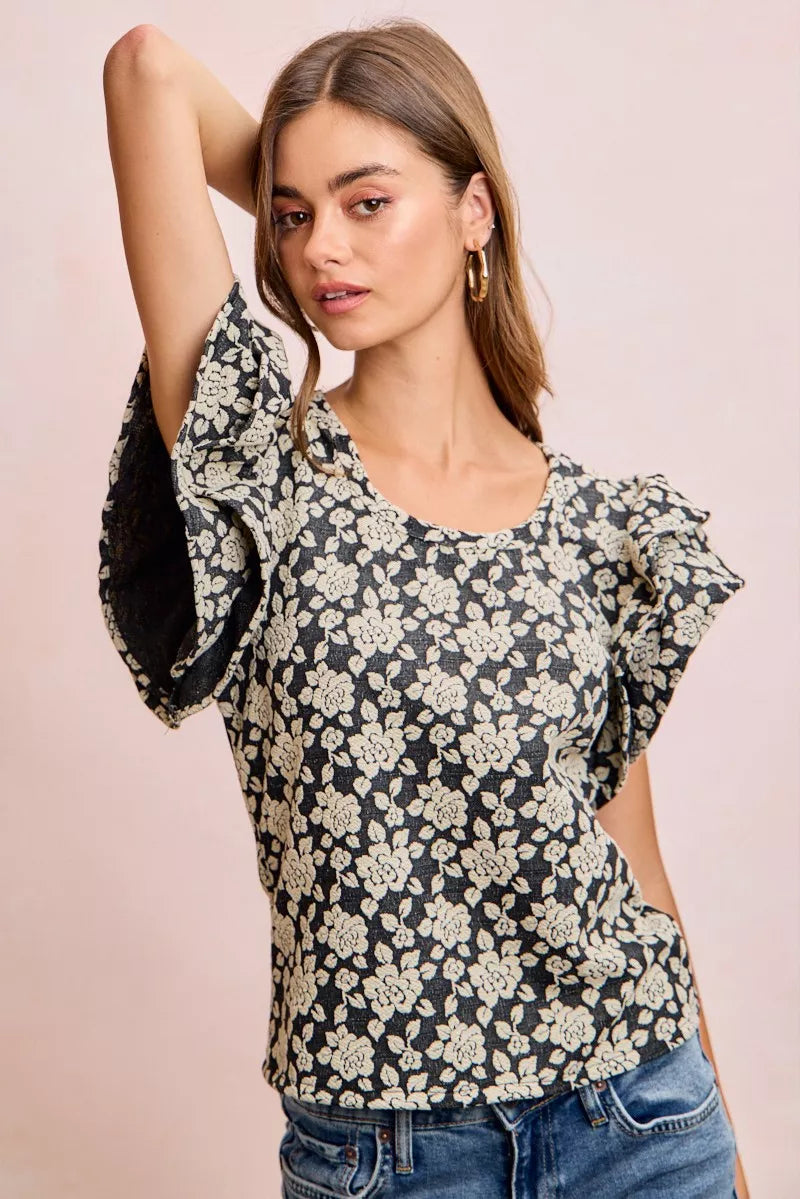 BiBi Floral Jacquard Ruffle Sleeves Knit Top - BLACK/LT GREY - Bexa Boutique