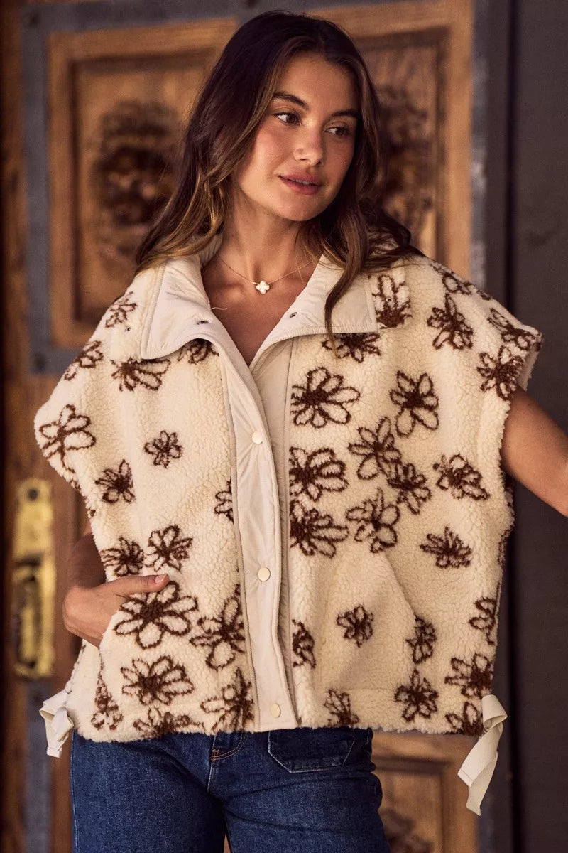 SO ME Flower Sherpa Fur Oversized Sleeveless Vest Jacket - BROWN - Bexa Boutique