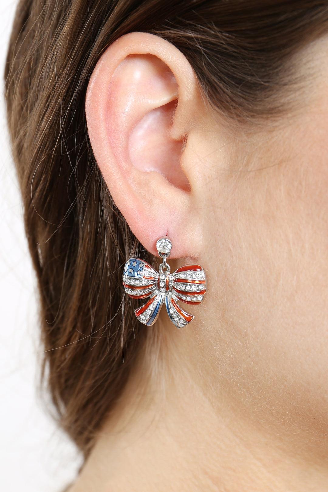 Red White and Blue Crystal Flag Bow Earrings