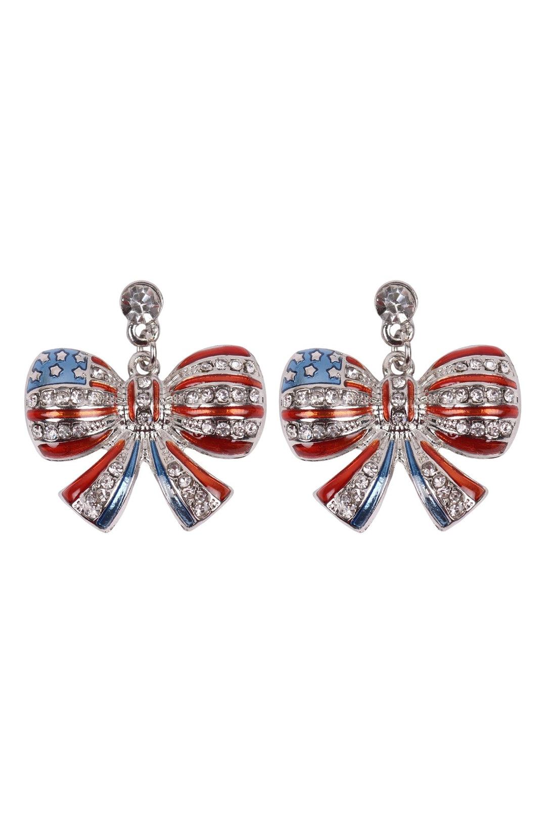 Red White and Blue Crystal Flag Bow Earrings