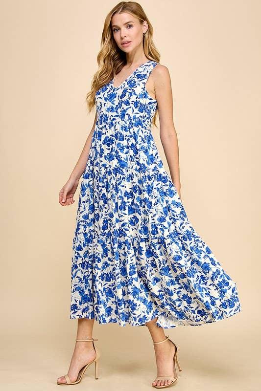 Blue & White Floral Midi Dress