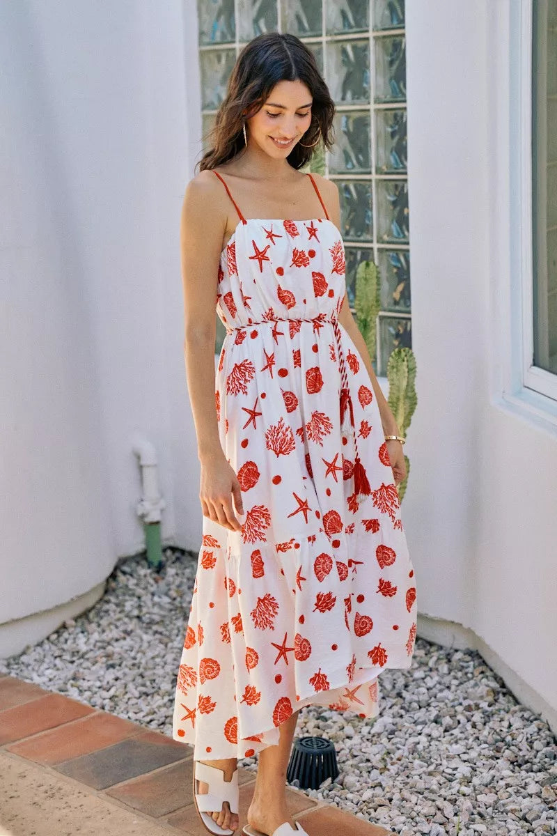 SO ME Shell Print Tiered Lined Midi Cami Dress With Belt - Red - Bexa Boutique