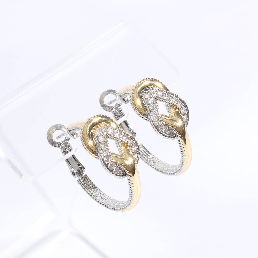 Two-Toned CZ Pave Knotted Huggie Hoop Earrings