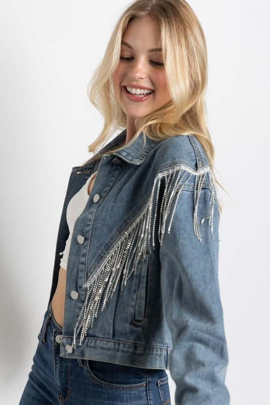 CROP DENIM JACKET WITH RHINESTONE FRINGE