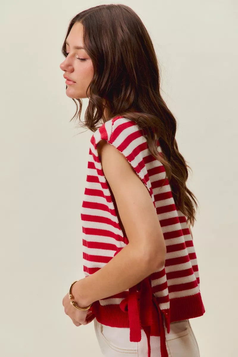 SO ME Stripe Star Patch 4th Of July Side Tie Vest Top - RED/IVORY - Bexa Boutique