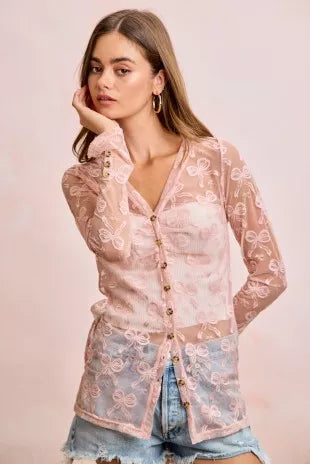 BiBi Bow Pattern Shrried V-neck Mesh Cardigan Top - DUSTY ROSE - Bexa Boutique