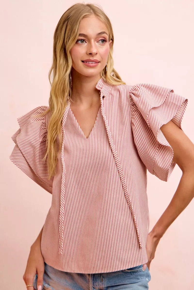 BiBi Twill Striped Ruffle Sleeve Blouse - RED - Bexa Boutique