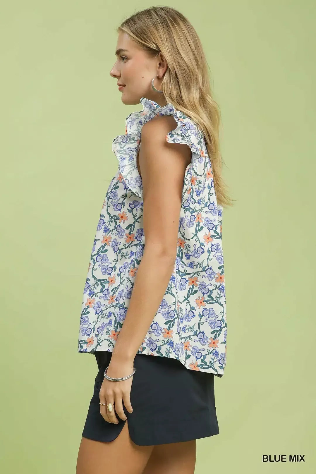 Umgee Floral Print Ruffle Cap Sleeve Shirt - BLUE MIX - Bexa Boutique