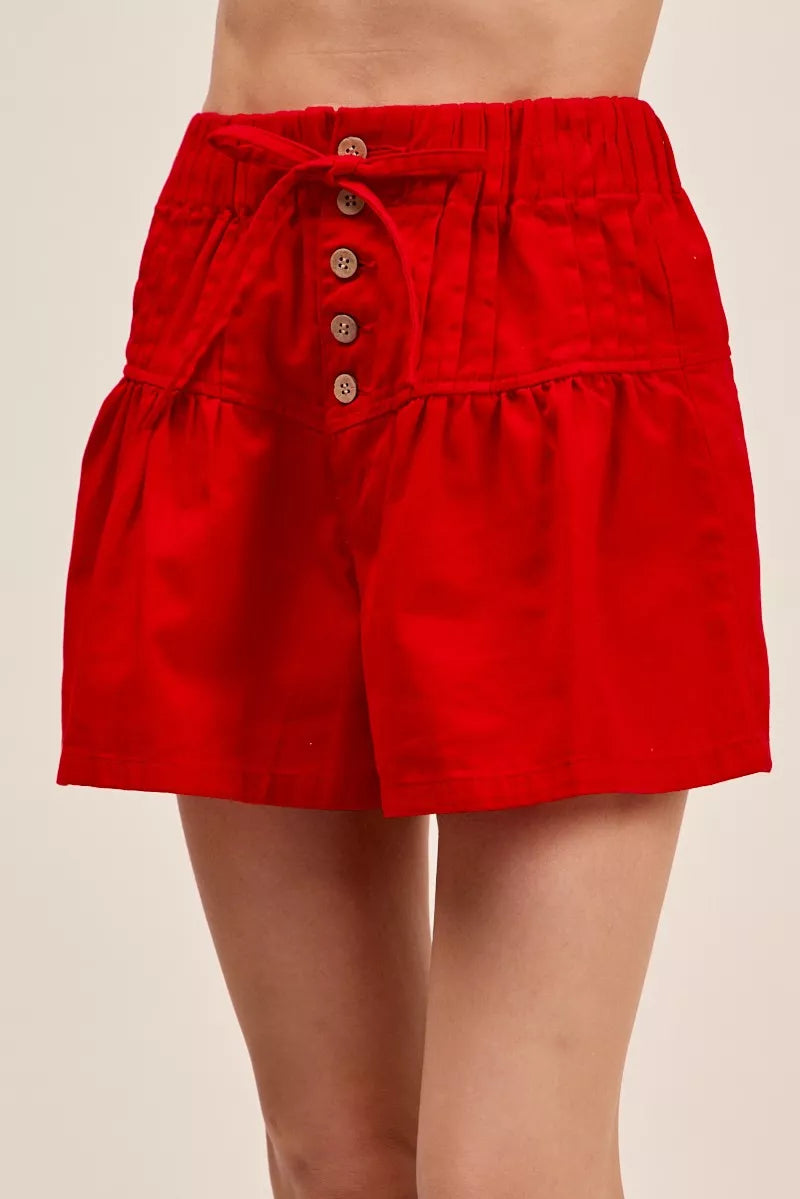 SO ME Solid Twill Denim Pintucked Buttoned Shorts With Waist Tie - RED - Bexa Boutique