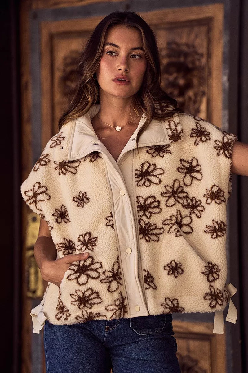 SO ME Flower Sherpa Fur Oversized Sleeveless Vest Jacket - BROWN - Bexa Boutique