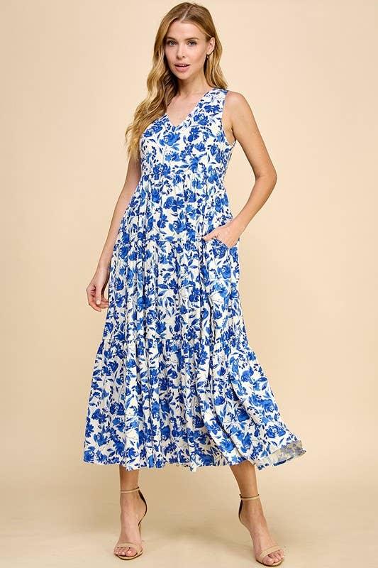 Blue & White Floral Midi Dress