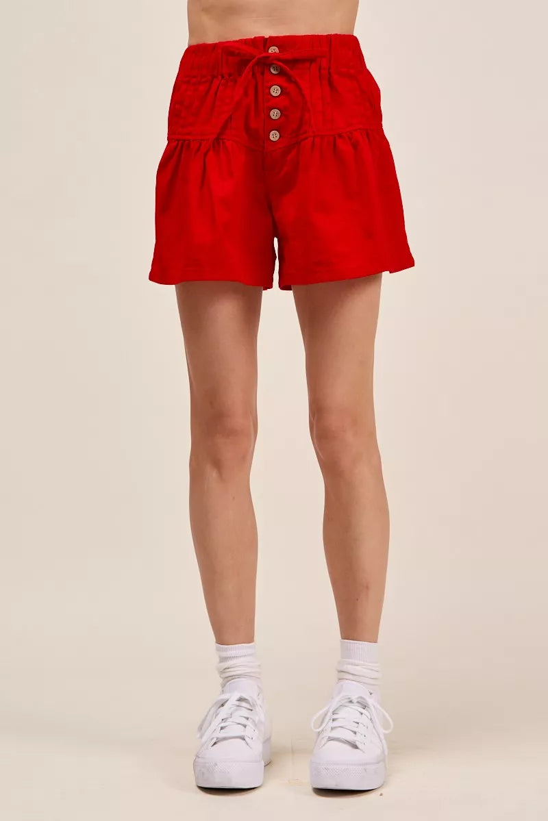 SO ME Solid Twill Denim Pintucked Buttoned Shorts With Waist Tie - RED - Bexa Boutique