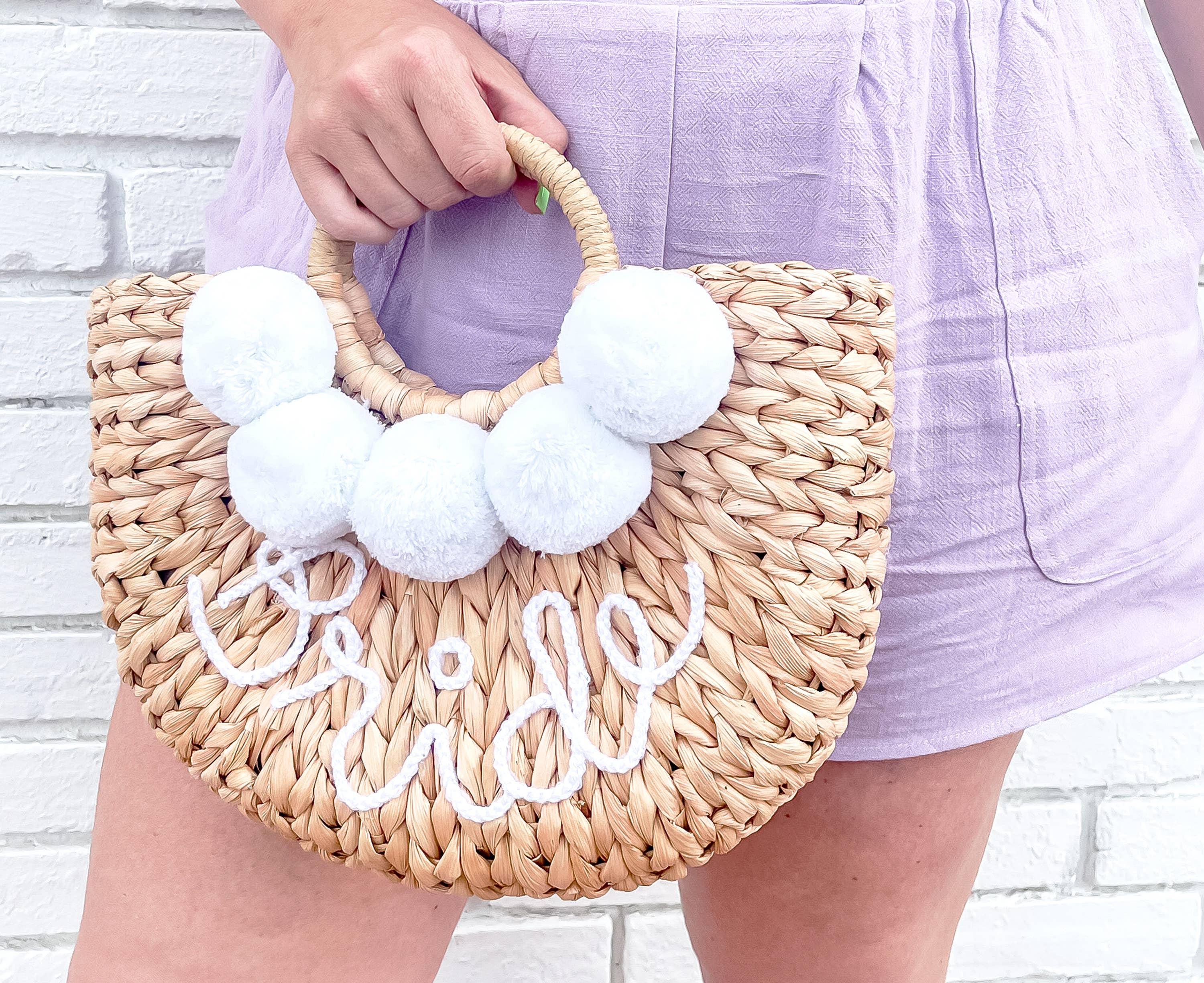 Bride Straw Purse with White Pom Poms