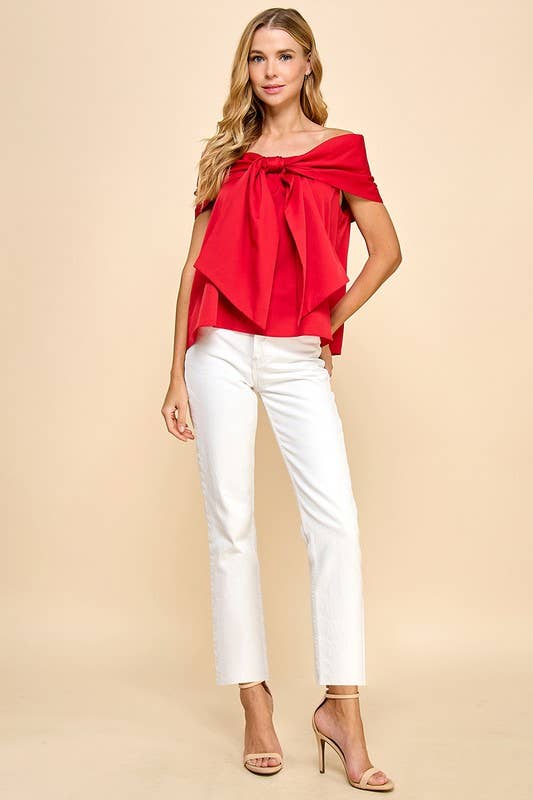 Red Bow Accented Off The Shoulder Top