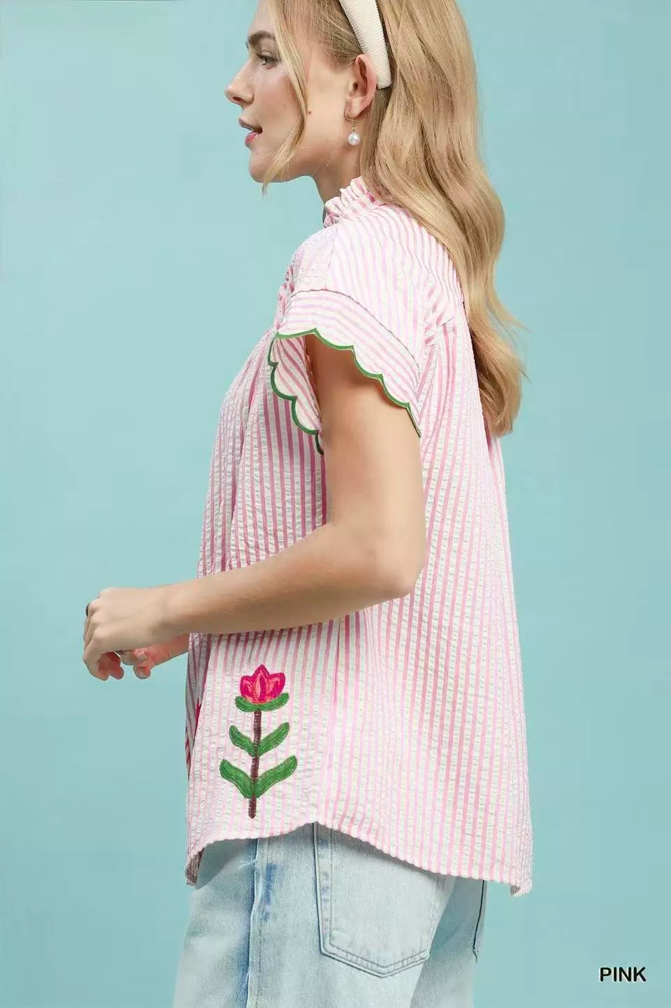 Umgee Embroidered Stripe Button Front Top - PINK - Bexa Boutique
