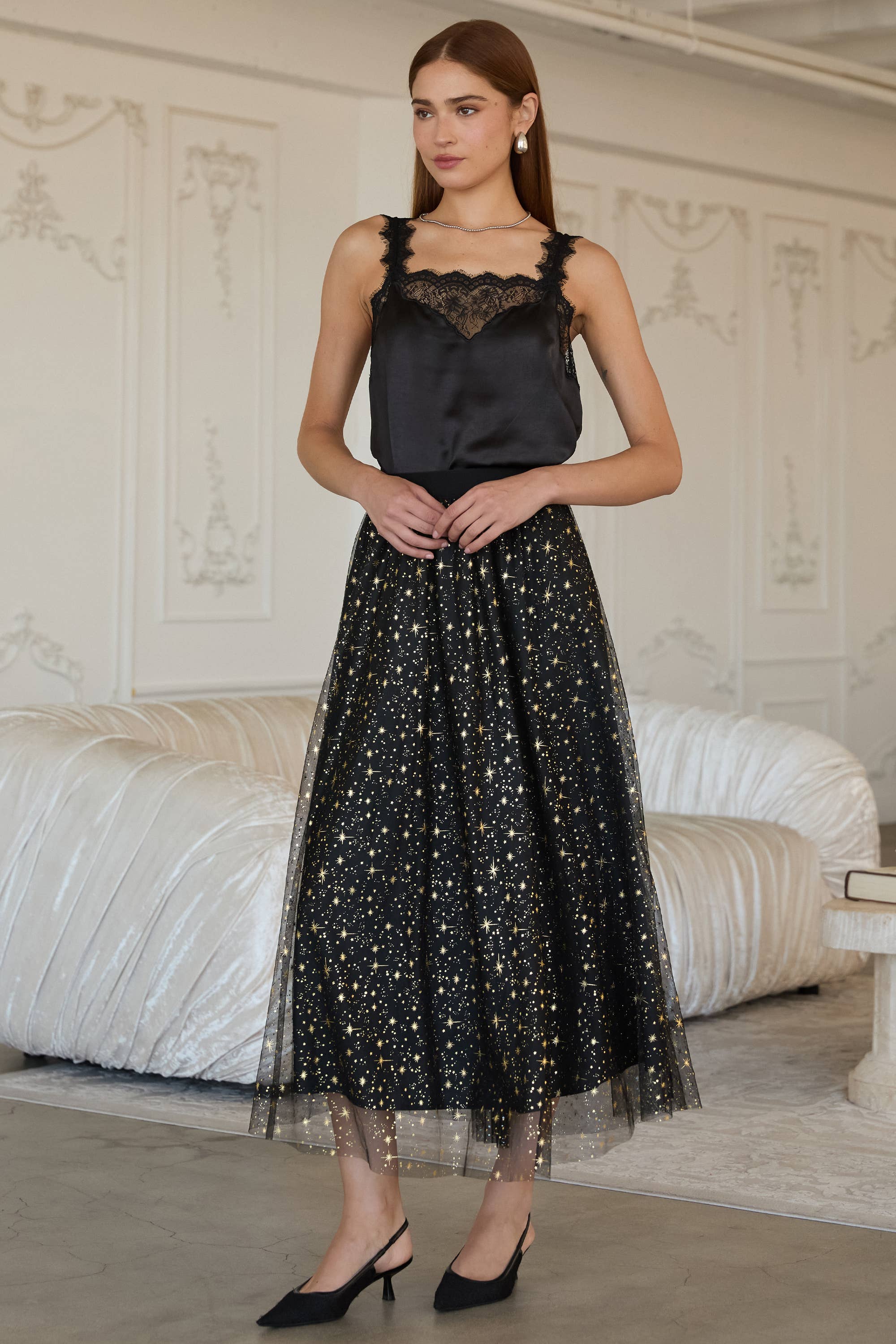 Mesh Gold Detail Star Printed Long Skirt