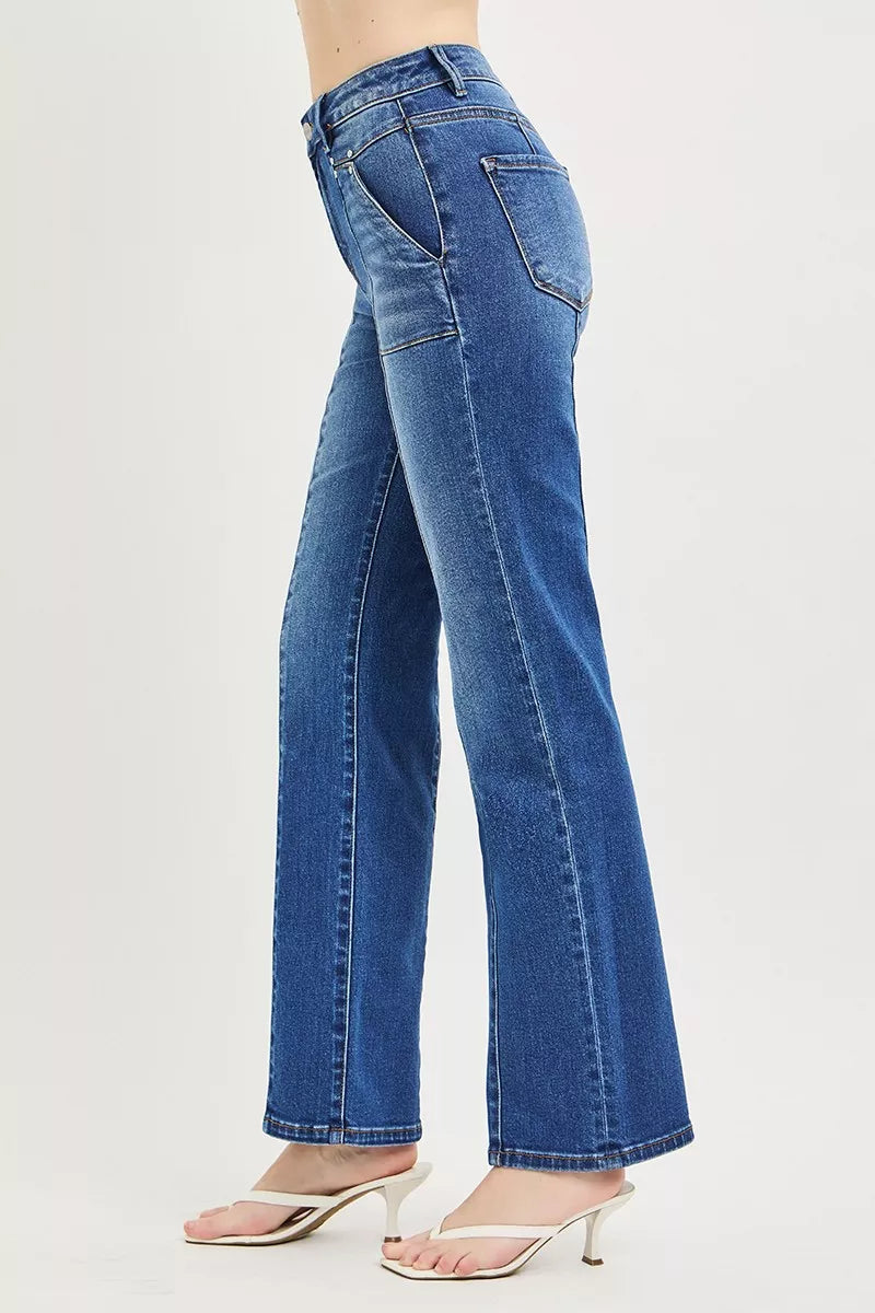 RISEN High Rise Straight Patch Pocket Seamed Jeans - Dark - Bexa Boutique
