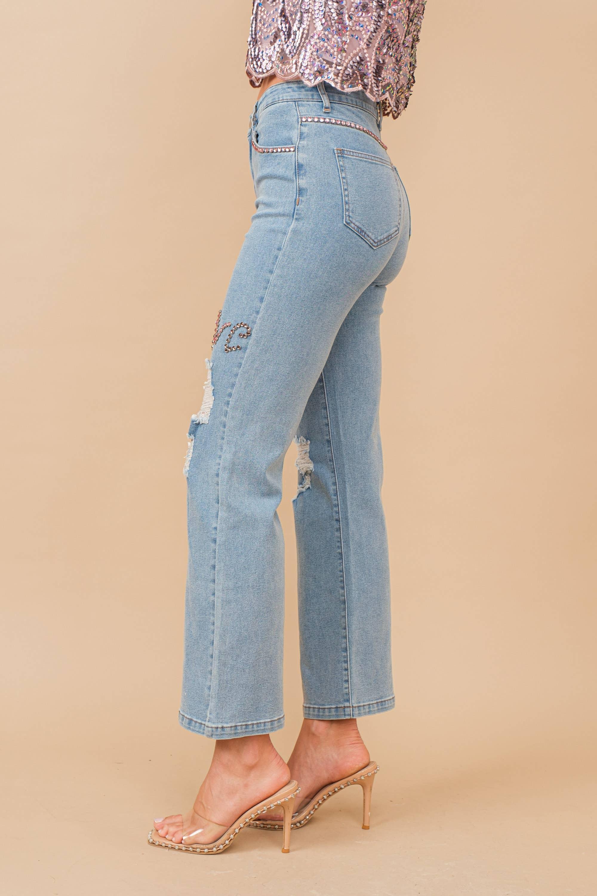 High Waisted LOVE Colored Rhinestone Embellishment Jeans