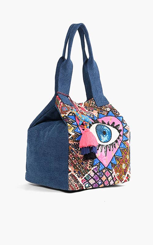 Watch Over Me Evil Eye Denim Tote