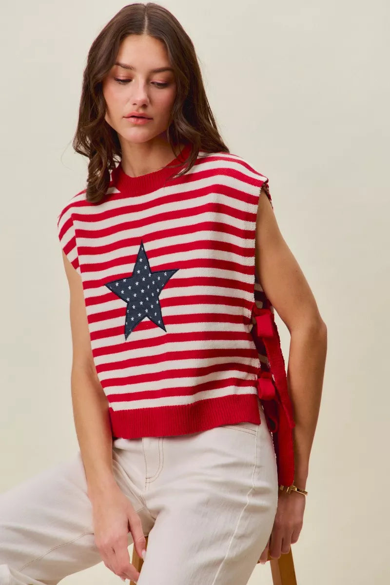 SO ME Stripe Star Patch 4th Of July Side Tie Vest Top - RED/IVORY - Bexa Boutique