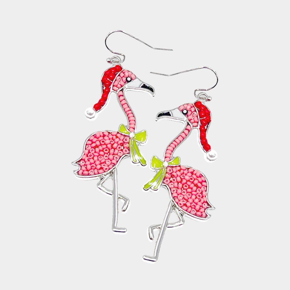 Beaded Flamingo Santa Hat & Bow Earrings - Bexa Boutique