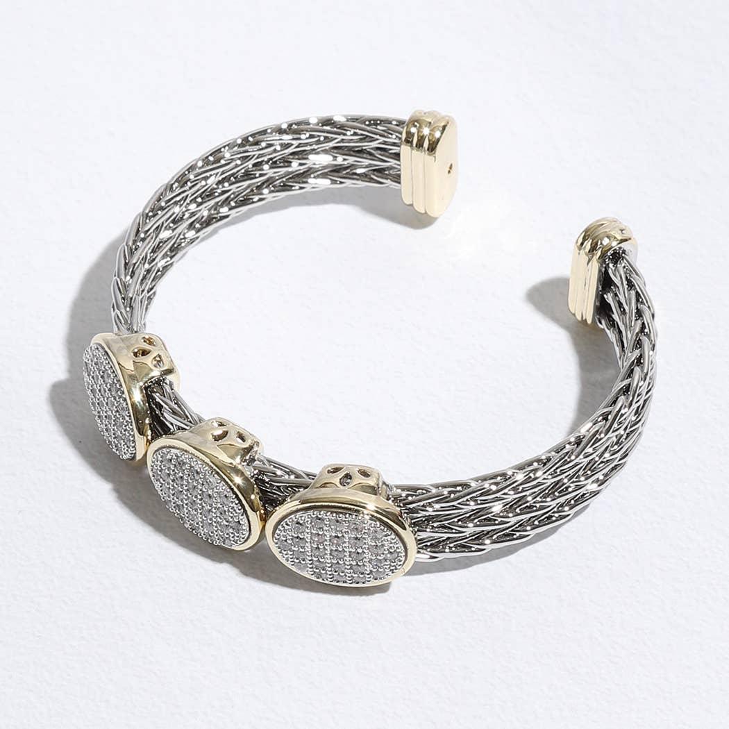 Triple Oval Pave CZ Two Tone Bracelet Cuff Bangle