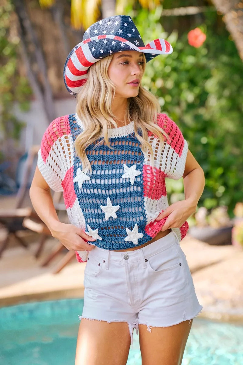 BiBi Crochet Star Patches 4th Of July Sweater Cover Up - AMERICAN FLAG - Bexa Boutique
