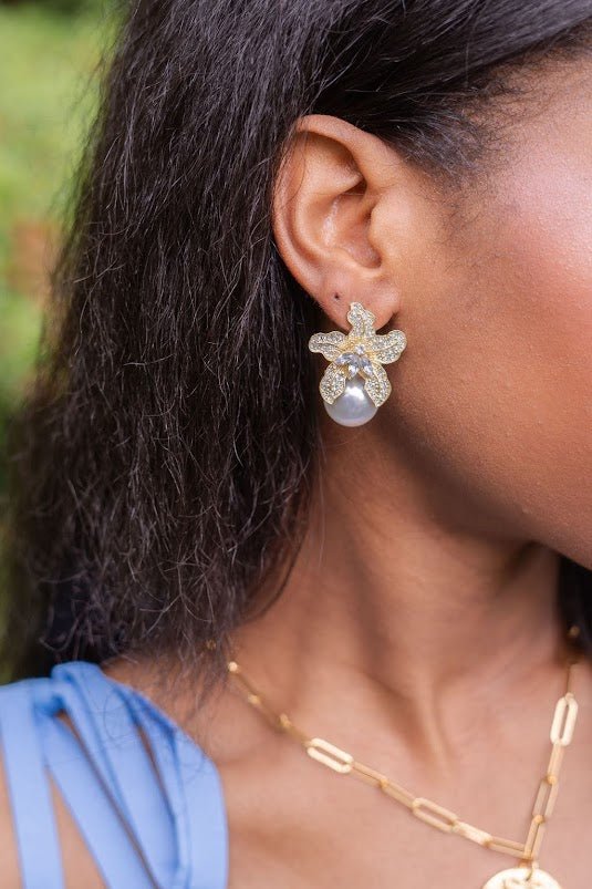 Beth - Rhinestone & Pearl Stud - Gold - Bexa Boutique
