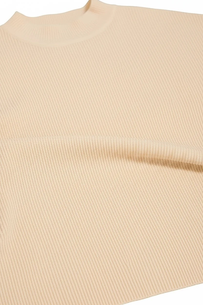 Bexa Boutique beige ribbed viscose sweater top with a mock neck and soft knit texture