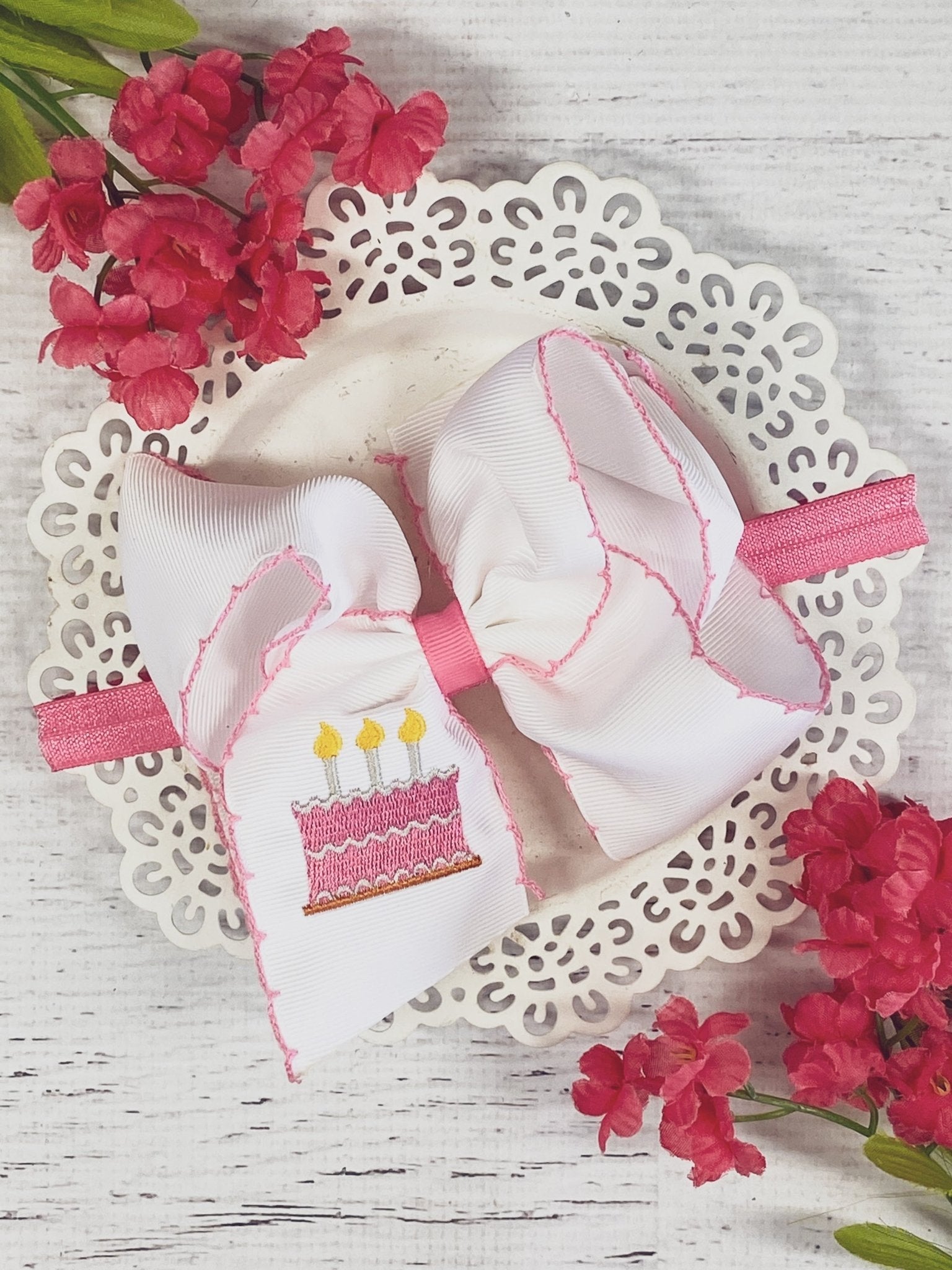 Birthday Cake Embroidered Moonstitch Hair Bow | Clip or Headband