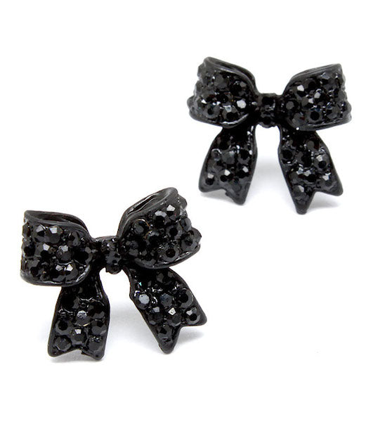 Black Bow Stud Earrings with Rhinestones