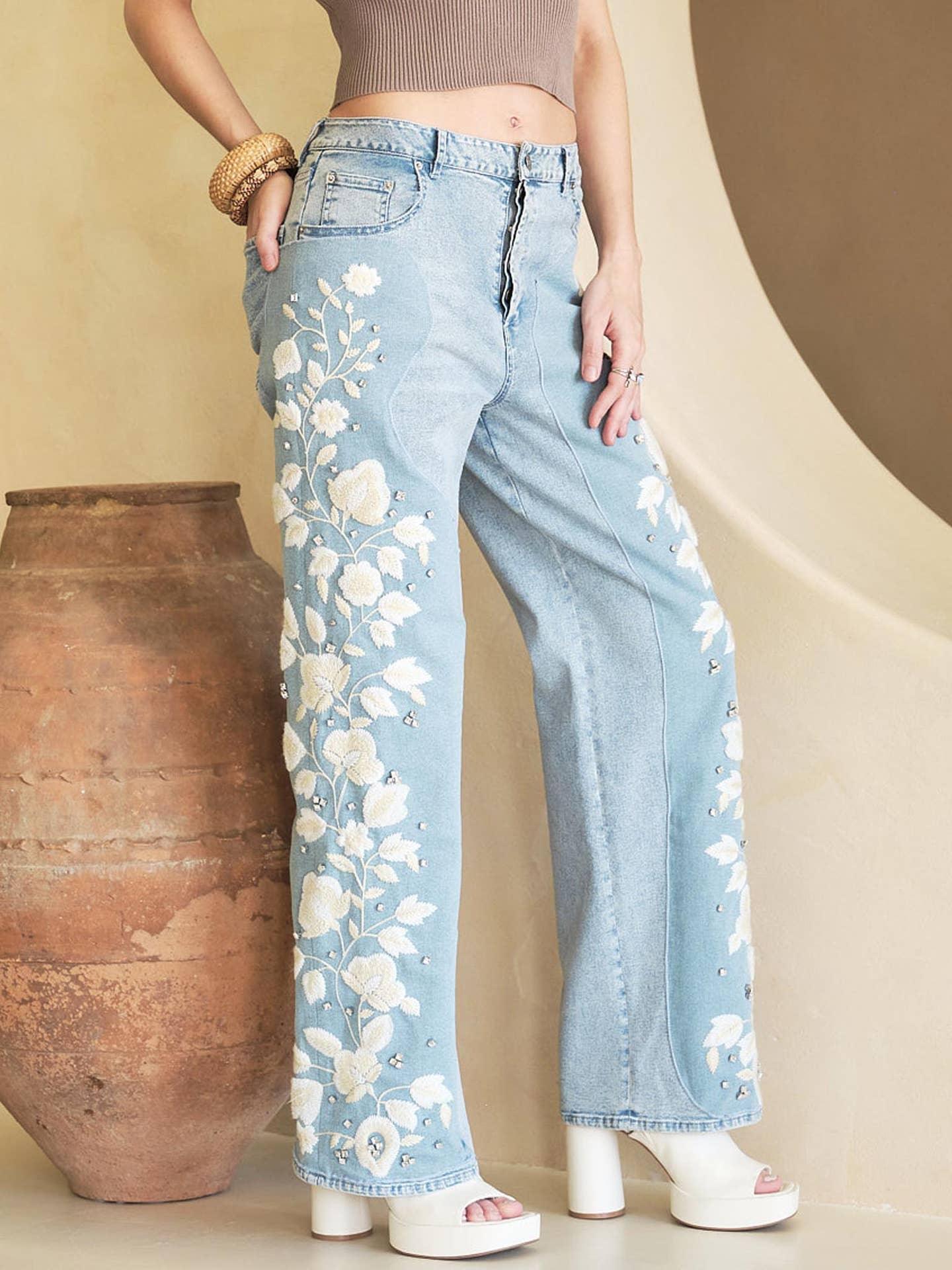 Floral Embroidered High Rise Baggy Jeans