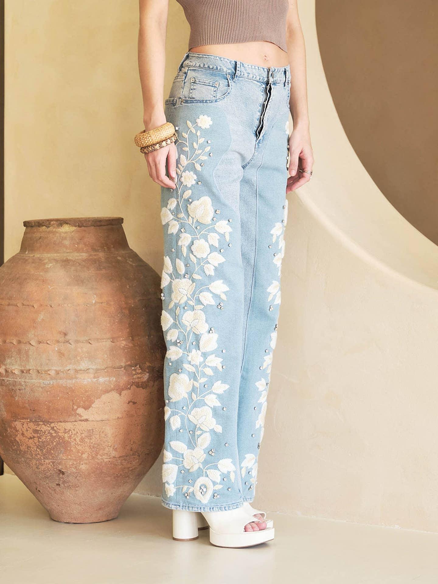 Floral Embroidered High Rise Baggy Jeans