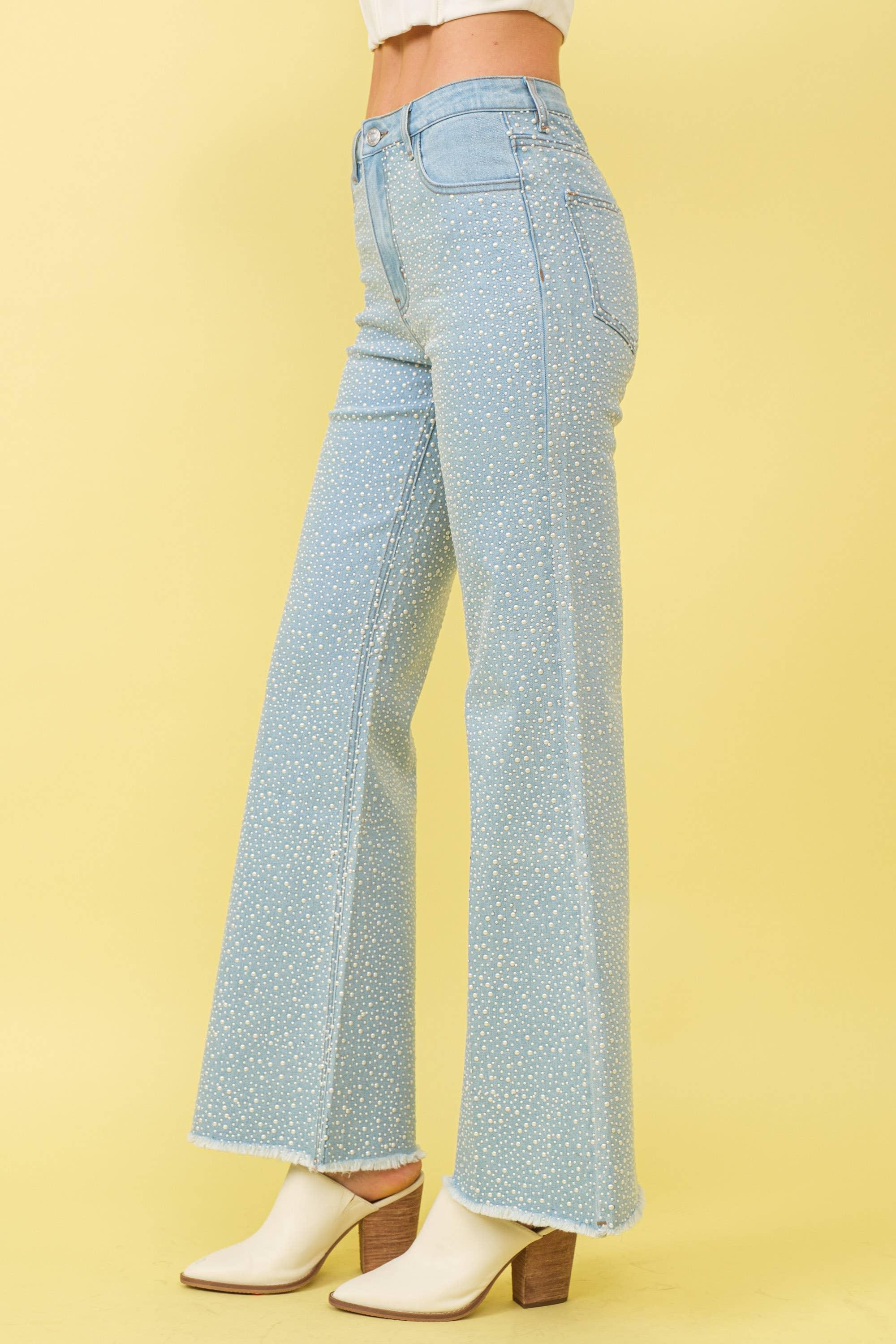 Mid Rise Pearl Stretch Flare Denim Jeans