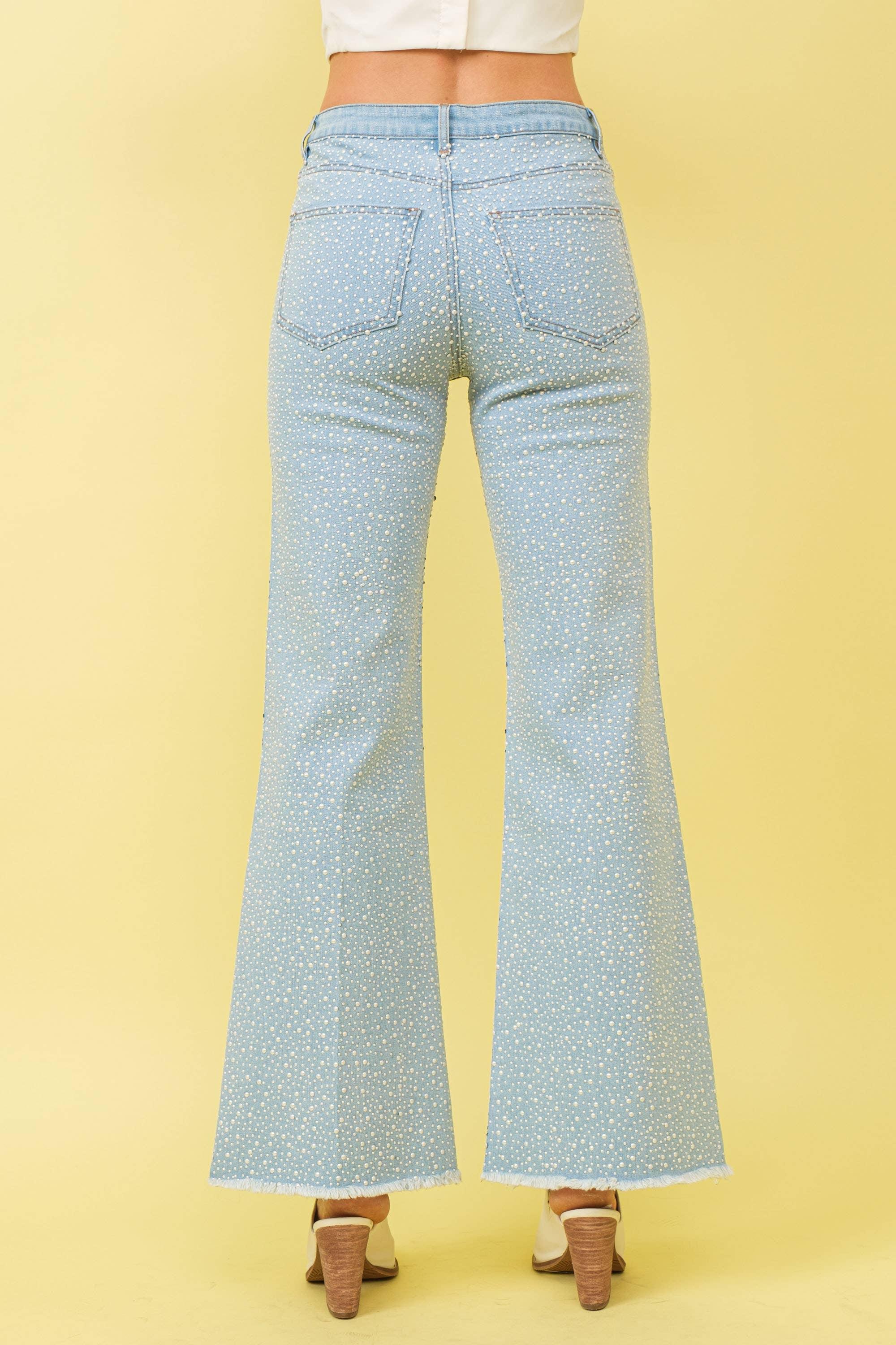 Mid Rise Pearl Stretch Flare Denim Jeans